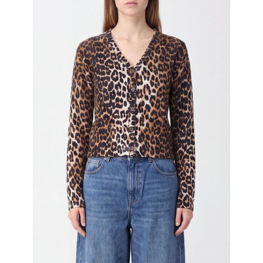 Ganni Women Ganni Animal Print Cropped Merino Wool Cardigan With V-Neck